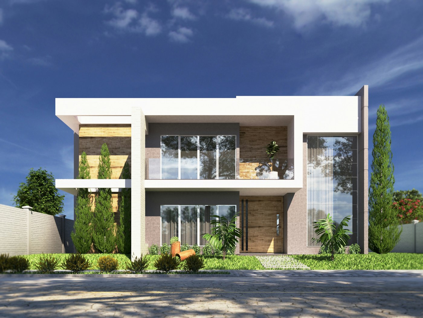 Casa de dois pavimentos com volumes brancos, linhas retas e amplas esquadrias envidraçadas